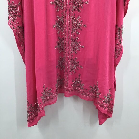 Incredible Women's 30/32 Hand Beaded 2 Piece Pink Boho Tunic Semi-Sheer V-Neck - Picture 5 of 15